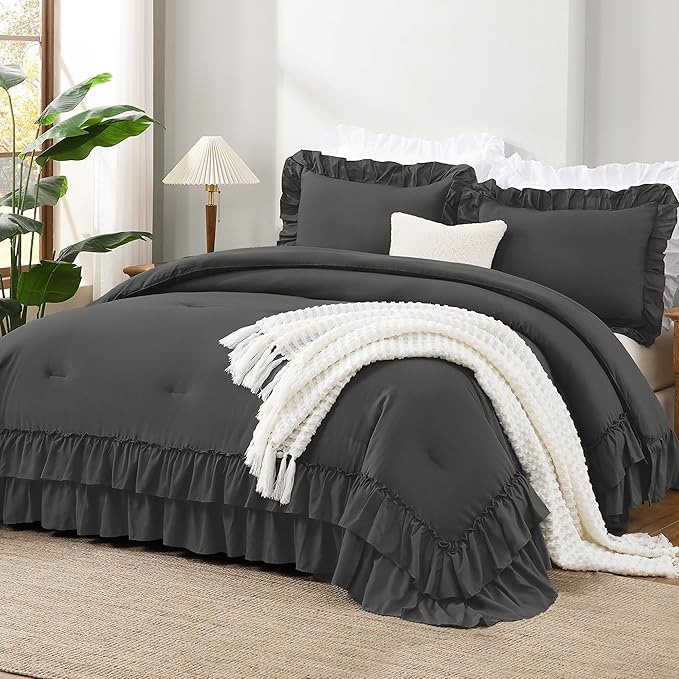 Andency Dark Grey Queen Comforter Set, 3pcs Aesthetic Ruffle Fluffy Comforter Sets, All Season Lightweight Soft Solid Bedding Set for Women Men