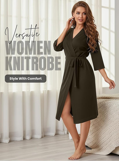 NY Threads Women's Robe Long Knit Bathrobe 3/4 Sleeves Soft Kimono Lightweight Loungewear