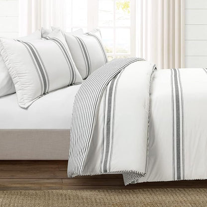 Lush Decor Farmhouse Stripe Reversible Cotton Comforter Set, 3 Piece Set, Full/ Queen, Dark Gray - Cozy Farmhouse Bedding Set - Rustic Decor - Striped Comforter - Modern Farmhouse Bedroom Decor