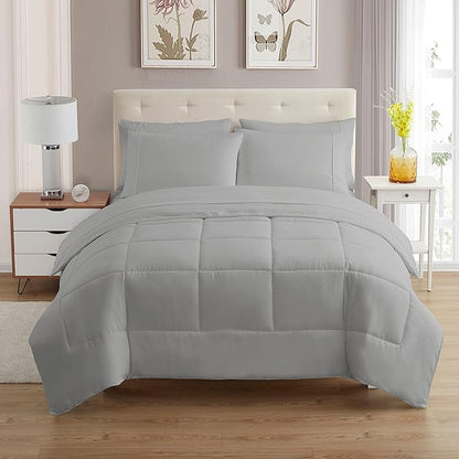 Sweet Home Collection 7 Piece Comforter Set Bag Solid Color All Season Soft Down Alternative Blanket & Luxurious Microfiber Bed Sheets, Silver, Twin XL