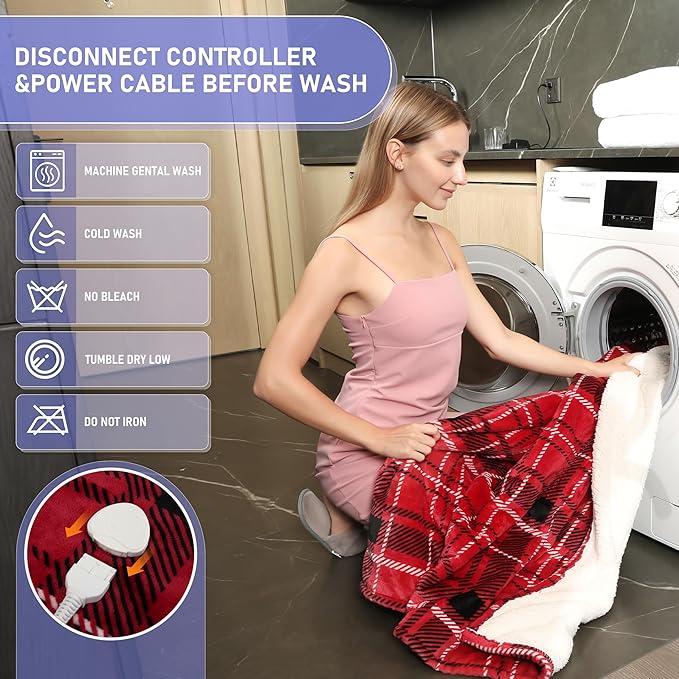 Electric Blanket Heated Throw, Soft Flannel 50"x60" Plaid Heating Blanket with 8 Hours Auto Off 10 Fast Heating Levels Machine Washable Sherpa Heated Blanket with Overheating Protection