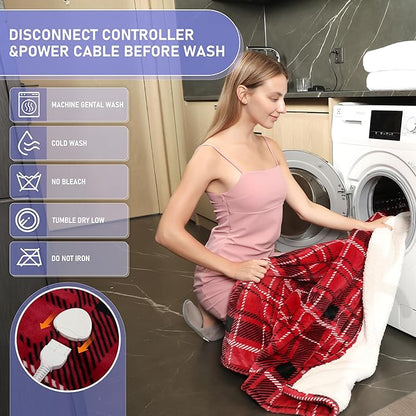 Electric Blanket Heated Throw, Soft Flannel 50"x60" Plaid Heating Blanket with 8 Hours Auto Off 10 Fast Heating Levels Machine Washable Sherpa Heated Blanket with Overheating Protection