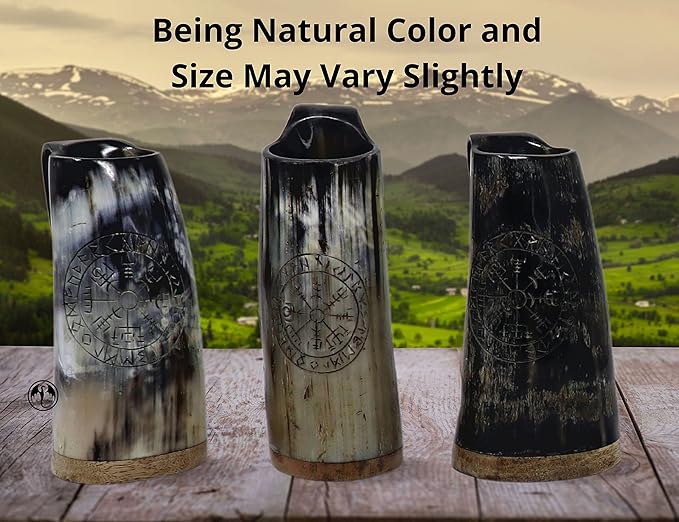 Viking Drinking Coffee Mug- 12oz| Gifts for Men & Women| Real Ox Horn| Food Grade Medieval| Hot and Cold Liquids| Engraved Natural Shine Finish (Compass)