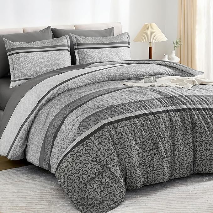 WONGS BEDDING Grey Comforter Set Queen Size, 7 Pieces Striped Bed in a Bag Comforter and Sheet Set, Bohemian Soft Lightweight Micorfiber Bedding Set for All Seaon (90"×90")