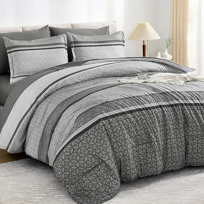 WONGS BEDDING Grey Comforter Set Queen Size, 7 Pieces Striped Bed in a Bag Comforter and Sheet Set, Bohemian Soft Lightweight Micorfiber Bedding Set for All Seaon (90"×90")