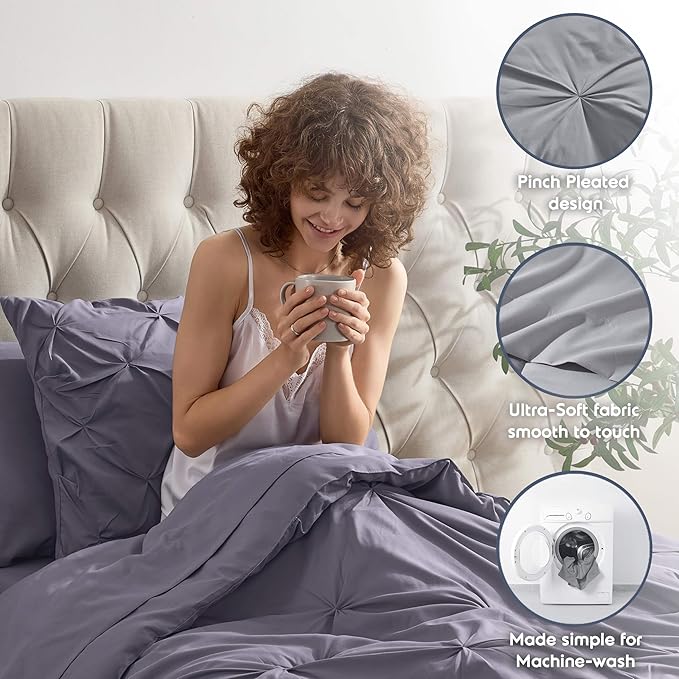 Nestl Twin XL Comforter Set 5 Piece - Pintuck Twin XL Bedding Set Dusty Purple, College Dorm Essentials Bed in a Bag, Twin XL Comforter Set for College Girls and Boys with Sheets, Pillowcase and Sham