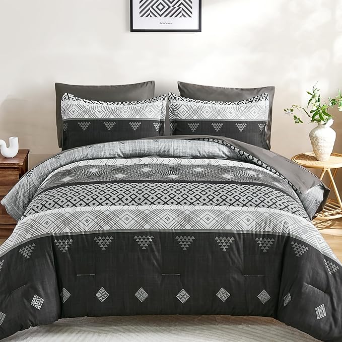 Xruibed Blcak King Comforter Set 7 Pieces, Black Grey Boho Striped Bed in a Bag King Size Soft Microfiber All Season Bedding Set with Comforter, Sheets, Pillowcases & Shams(104"×90")