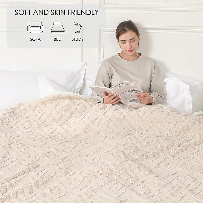 Electric Heated Blanket, 3D Patterned Diamond Grid, Twin Size Sherpa Super Cozy Heated Blanket with 5 Heating Levels & 10 Hours Auto Off, Light Khaki
