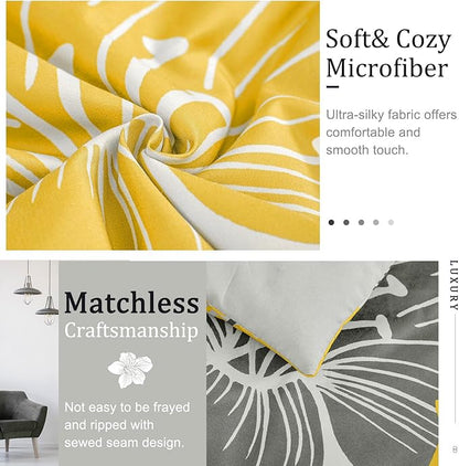 Menghomeus Floral Comforter Set Queen Yellow Floral Pattern Printed on Grey Soft Microfiber Bedding Set Lightweight Bed Set for All Season, 3 Piece (1 Comforter, 2 Pillowcases)