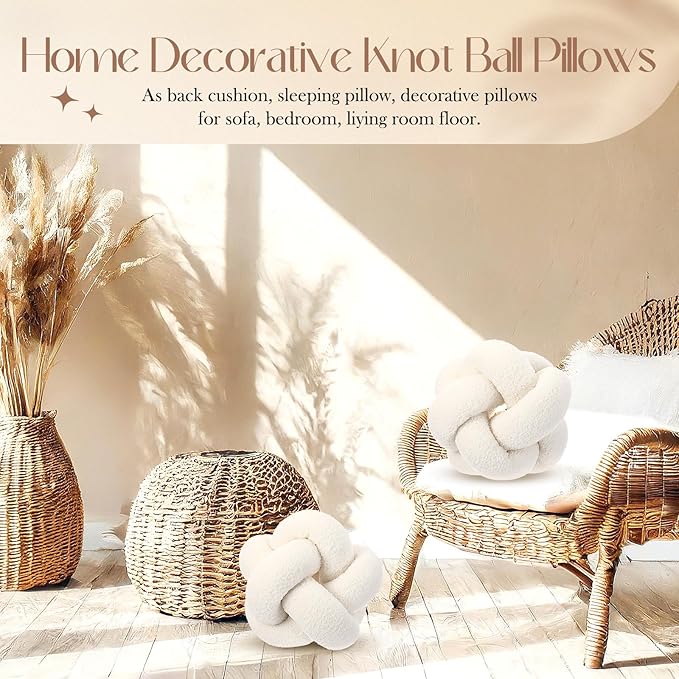 2 Pcs Knot Pillow Balls, 12 Inch Soft Home Decorative Round Stylish Throw Pillow Cute Handmade Knotted Aesthetic Ivory Circle Pillows for Living Room Couch Sofa Decor (White)