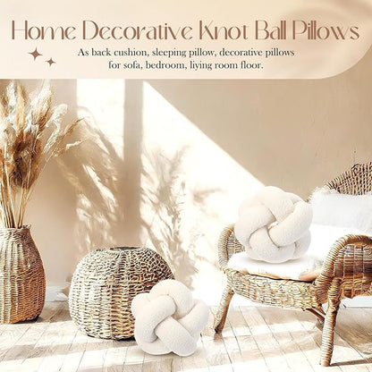 2 Pcs Knot Pillow Balls, 12 Inch Soft Home Decorative Round Stylish Throw Pillow Cute Handmade Knotted Aesthetic Ivory Circle Pillows for Living Room Couch Sofa Decor (White)