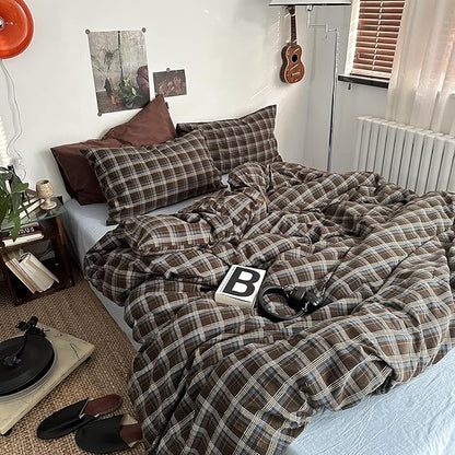 mixinni Vintage Blue & Brown Buffalo Plaid Comforter Set Full Size - 3-Piece Washed Cotton Soft Geometric Checkered Pattern Bedding Set for All-Seasons Lightweight & Breathable-Full Size