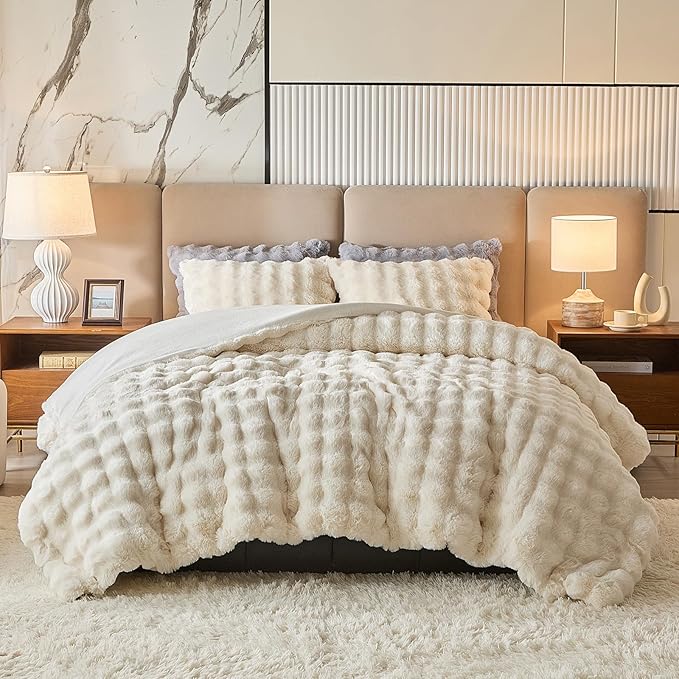 Full Faux Rabbit Fur Comforter Set - 3 Pieces Fluffy Bedding Set Ultra Soft Warm Shaggy Winter Flannel Bed Set, Luxury Skin Friendly Sherpa Comforter Set & Pillow for Thanksgiving Cream White Beige
