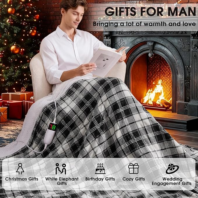 Black Heated Blanket Electric Throw, 50X60 Heating Throw with 10 Heats Levels & 8 Hours Auto Off, Plaid Soft Sherpa Blankets Warmer Gifts for Men Dad Boys Home Decor for Living Room Bedroom Office