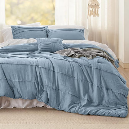 Bedsure Full Comforter Set - 4 Pieces Pinch Pleat Bed Set, Light Blue Boho Bedding for All Season, 1 Soft Comforter, 2 Pillowcases, 1 Decorative Pillow