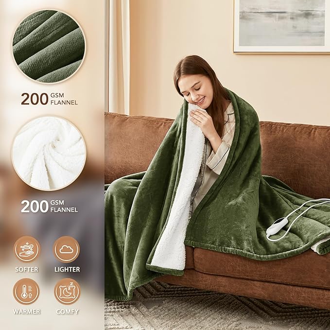 Homemate Heated Blanket Electric Throw - 50"x60" Heating Blanket Throw 1/2/4/6/8 Hours Auto-Off 10 Heat Level Over-Heat Protection Flannel Sherpa ETL Certification