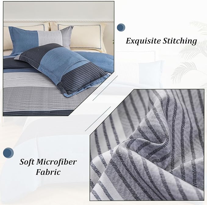Comforter Set King Size, Reversible Blue Grey Striped Patchwork Down Alternative Comforter for Queen Bed,3 Pieces (1 Comforter+2 Pillowcases), Soft Microfiber Bedding Duvet Insert Set 104"×90"