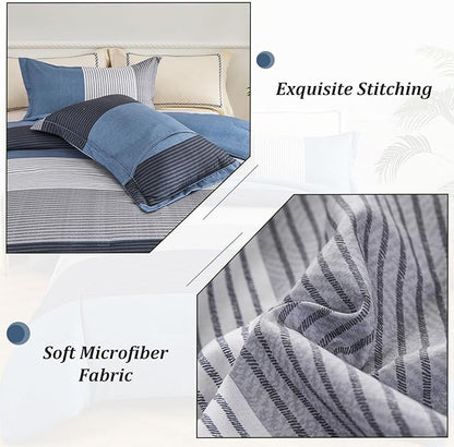 Comforter Set King Size, Reversible Blue Grey Striped Patchwork Down Alternative Comforter for Queen Bed,3 Pieces (1 Comforter+2 Pillowcases), Soft Microfiber Bedding Duvet Insert Set 104"×90"