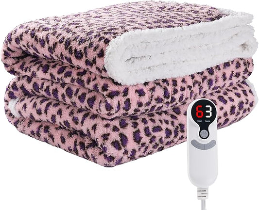 Electric Heated Blanket Throw Size 50"×60" with 9 Heating Levels & 1-10 Hs auto Off, Heating Throw Double Sided Sherpa, Energy Efficient, Machine Washable, Leopard Print Pink & Purple