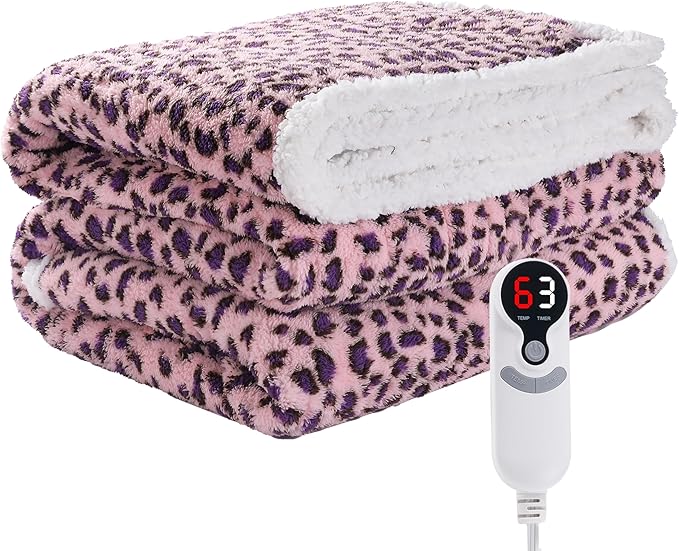 Electric Heated Blanket Full Size 72"×84" with 9 Heating Levels & 1-10Hs Auto Off, Plush Sherpa, Energy Efficient, Machine Washable, for Couch & Bed, Leopard Print Pink & Purple