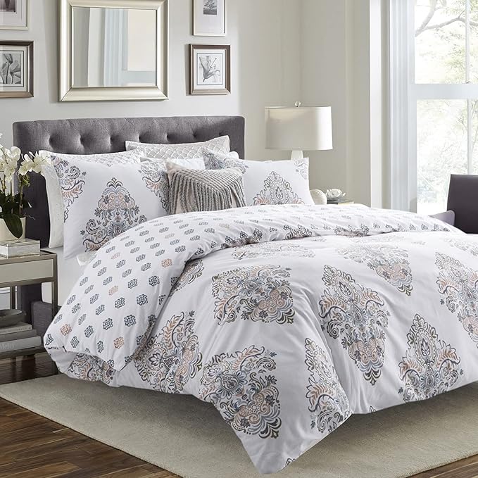 SLEEPBELLA Comforter Queen Size, 600 Thread Count Cotton Yellow & Blue Damask with Taupe Brown Reversible Pattern White Comforter Sets,Down Alternative Bedding Set 3Pcs (Queen, White Damask)