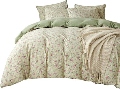 Floral Comforter Queen Set 3 Pieces Soft Cute Fresh Floral Bedding Lightweight Garden Style Floral Botanical Comforter for All Seasons and 2 Pillowcases