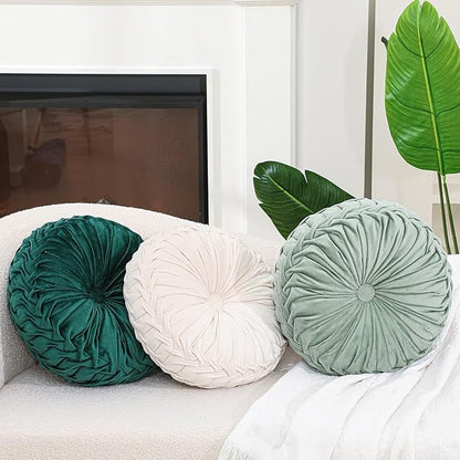 3 Pcs Round Throw Pillows Decorative Velvet Pleated Throw Pillows 15'' Diameter Accent Pumpkin Boho Chair Cushion for Couch Sofa Chair Bed Home Decoration (White,Light Green,Green)