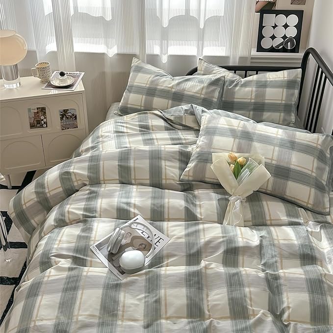 mixinni Twin XL Comforter Set Green Geometric Checkered Plaid Bedding Comforter Set Men Boys Modern Style All Season Soft Fluffy Lightweight Bedding Set-Twin XL Size