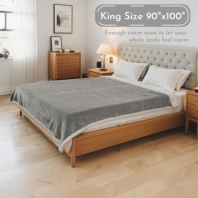 Electric Heated Blanket 90"x100" King Size Microplush Cover Blanket, 4 Heat Settings & 10 Hours Auto Off, Cozy & Warm for All Night, Machine Washable, Light Grey