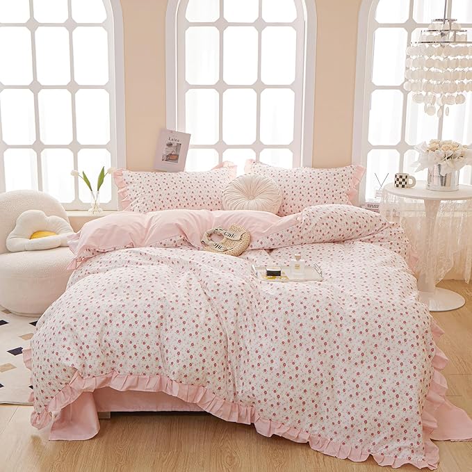 HighBuy Pink Floral Comforter Set Twin XL Ruffled Lace Bedding Comforter Sets for Teen Girls Coquette Cottagecore Fluffy Comforter Set Cute Botanical Bed Comforter Sets