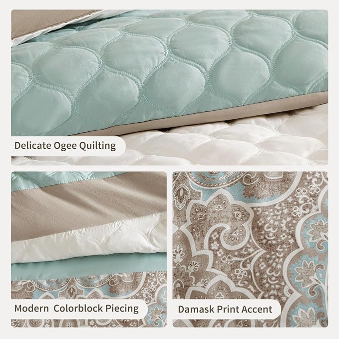 510 DESIGN Luxe Quilted Comforter Set Modern Transitional Design, All Season Down Alternative Warm Bedding Matching Shams, Bedskirt, Decorative Pillow, Queen, Shawnee Scrollwork Seafoam