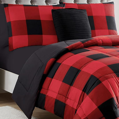 7 Piece Comforter Set Bag Solid Color All Season Soft Down Alternative Blanket & Luxurious Microfiber Bed Sheets, Full, Buffalo Plaid Burgundy/Black/Black Sheet
