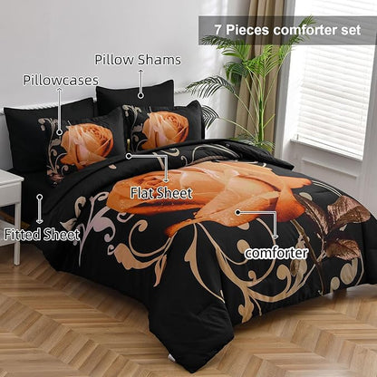 Xruibed Floral Comforter Set Queen 7 Piece Bed in a Bag Orange Rose Flower Comforter with Sheet Set Soft Micorfiber Bedding Set (1 Comforter,2 Pillow Shams,1 Flat Sheet,1 Fitted Sheet,2 Pillowcases)