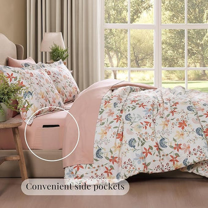 CASAAGUSTO Full Comforter Set, 7 PCS Clay Pink Floral Comforter Set with Flowers Leaves Pattern, Soft Seersucker Design All Season Full Size Bedding Set(80"X90")