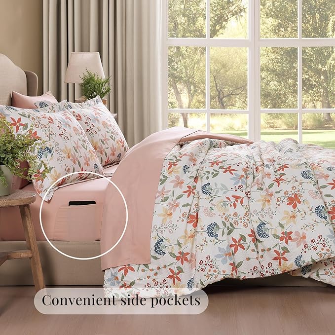 CASAAGUSTO King Comforter Set, 7 PCS Clay Pink Floral Comforter Set with Flowers Leaves Pattern, Soft Seersucker Design All Season King Size Bedding Set(102"X90")