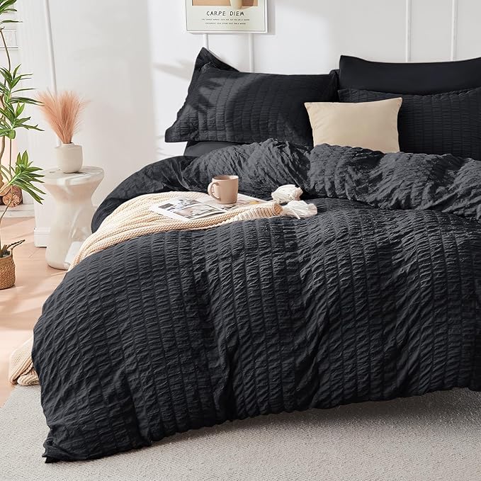HYMOKEGE Black King Size Comforter Set Seersucker 7 Pieces, All Season Luxury Bed in a Bag for Bedroom, Bedding Set with Comforters, Sheets, Pillowcases & Shams