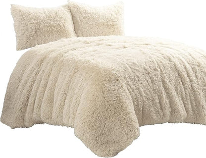 Lush Decor Emma Faux Fur Comforter Queen Size 3 Piece Set Full/Queen Wheat - Beige Bedding Set Queen Comforters - Fluffy Comforter - Modern Decor