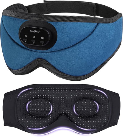 MUSICOZY 3D Bluetooth Sleep Mask with Headphones and Timer, Wireless Sleep Headphones for Side Sleepers, Eye Mask with Bluetooth Headphone, Unique Gifts for Men Women, Blue