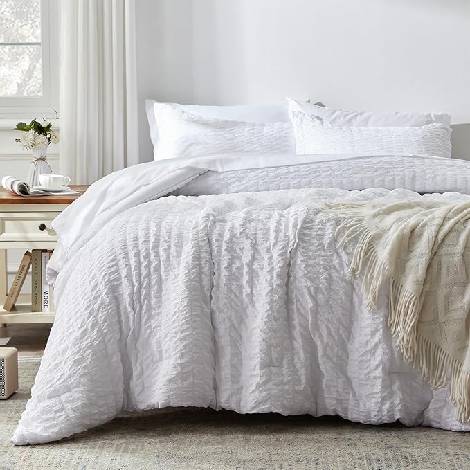 Zzlpp King Comforter Set 7 Pieces, White Seersucker Bed in a Bag with Comforter and Pillowcases, All Season Bedding Sets with 1 Comforter, 2 Pillow Shams, 2 Pillowcases, 1 Fitted Sheet