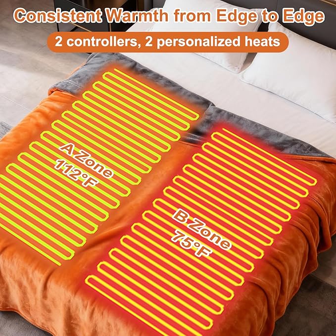 Heated Blanket Electric Blanket King 90"x100" Dual Control Flannel Heating Blanket with 12 Heat Levels 12H Timer Auto Shut-Off Overheat Protection Soft & Cozy Machine Washable