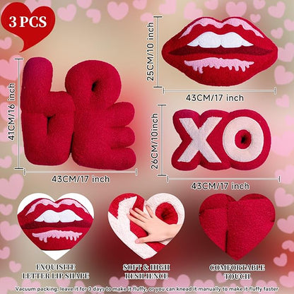 Lanpn Valentines Pillows 3Pcs, Plush Throw Pillows Xo Pillow Love Throw Pillow Valentines Day Decorative Cushion for Living Room Bedroom Couch Bed Sofa Valentine Day Decor (Red)