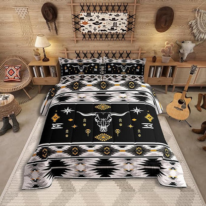 Erosebridal Western Bull Skull Bedding Set Boho Southwestern Aztec Comforter Set Twin Size for Boys Teens Men, Ethnic American Native Duvet Insert Farmhouse Rustic Tribal Quilt 2 Piece, Black Grey