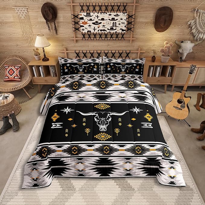 Erosebridal Western Bull Skull Bedding Set Boho Southwestern Aztec Comforter Set Toddler Size for Boys Teens Men, Ethnic American Native Duvet Insert Farmhouse Rustic Tribal Quilt 2 Piece, Black Grey