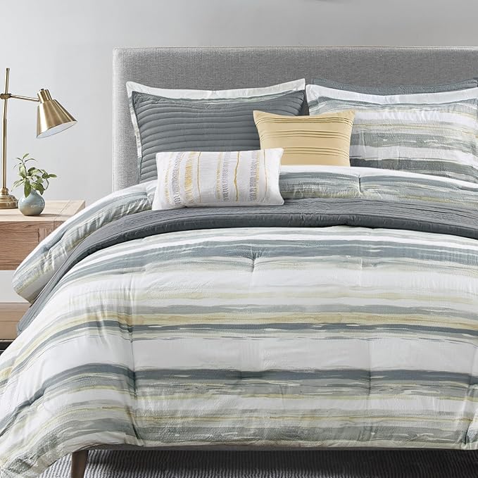 Madison Park Marina Comforter Quilt Combo Set - Modern Luxury Design, All Season Down Alternative Bedding, Matching Shams, Decorative Pillows, King/Cal King(104"x92"), Yellow 8 Piece