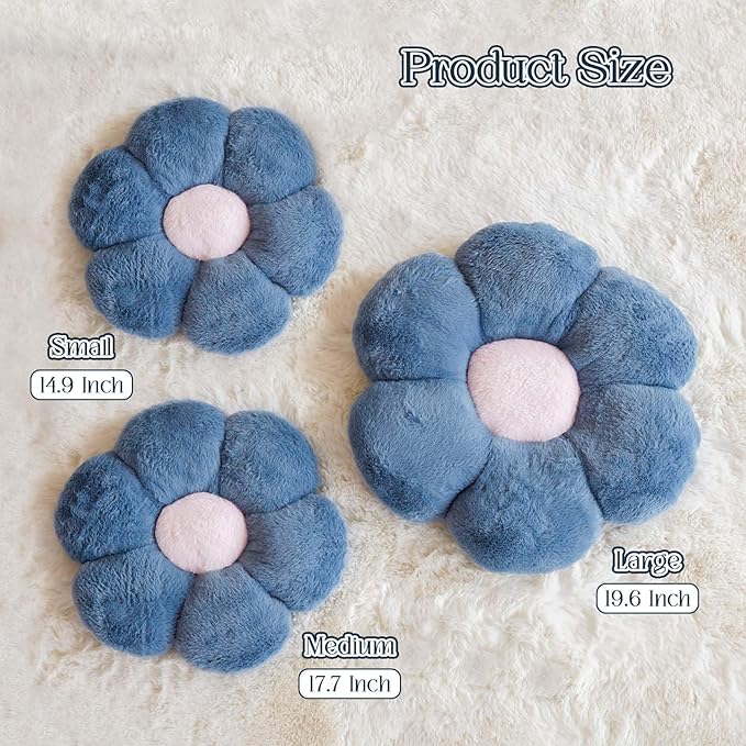 Flower Pillow Cute Decorative Throw Pillow with Faux Rabbit Fur Soft Daisy Plush Floor Cushion Aesthetic Flower Shaped Pillow Home Decor for Bed Sofa Couch (Dusty Blue, 14.9 Inch)