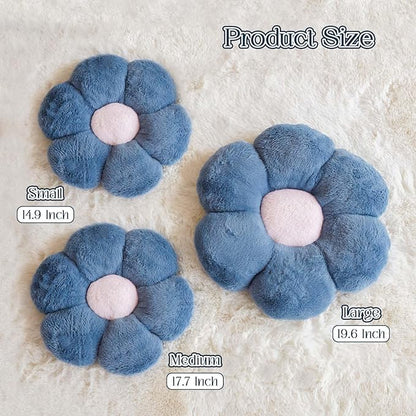 Flower Pillow Cute Decorative Throw Pillow with Faux Rabbit Fur Soft Daisy Plush Floor Cushion Aesthetic Flower Shaped Pillow Home Decor for Bed Sofa Couch (Dusty Blue, 14.9 Inch)