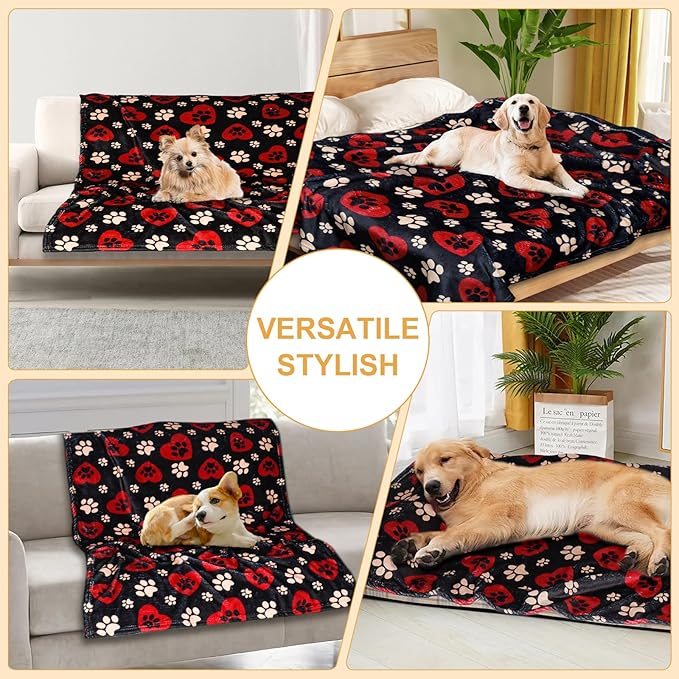 Dog Blankets for Large Dogs, 60"x50" Blanket Washable, Fuzzy Soft Pet Mat Throw Cover for Kennel Crate Bed, Cute Paw Pattern, Cat Blanket, Gifts Medium Small Pet Essentials, Black Red