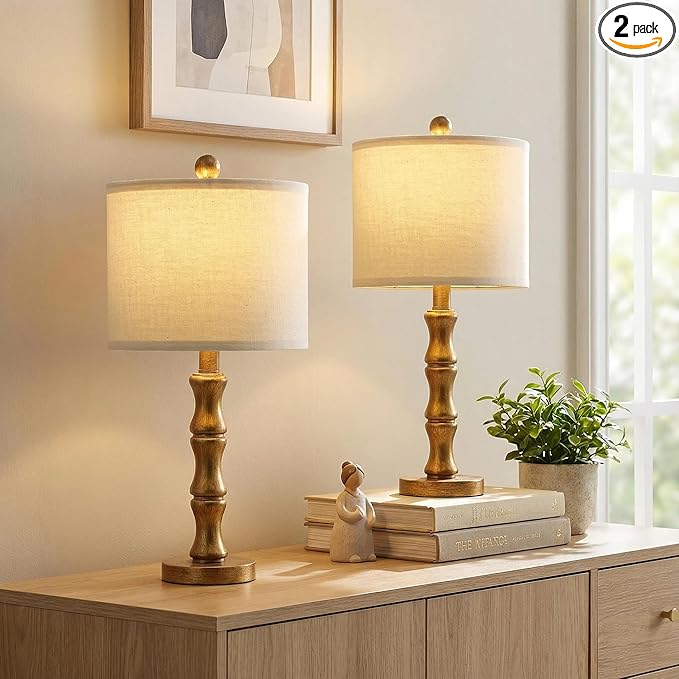 BOBOMOMO 20.5" Vintage Nightstand Lamps Set of 2, Farmhouse Table Lamps with Antique Gold Resin Base & Linen Shade, Small Bedside Lamp for Bedroom, Living Room, Office & Elegant Home Décor