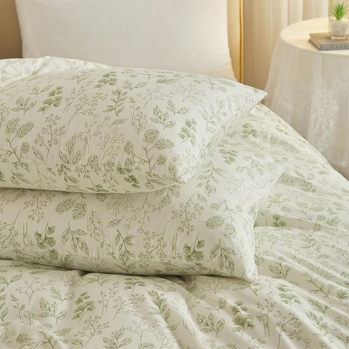 mixinni 3pcs Floral Comforter Set Queen Size, Boho Green Flowers Leaves Cute Bedding Comforter Sets for Women, 1 Soft Fluffy Botanical Comforter and 2 Pillowcases for All Seasons