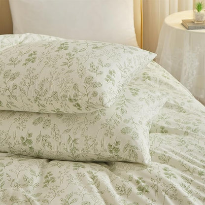 mixinni 3pcs Floral Comforter Set Queen Size, Boho Green Flowers Leaves Cute Bedding Comforter Sets for Women, 1 Soft Fluffy Botanical Comforter and 2 Pillowcases for All Seasons